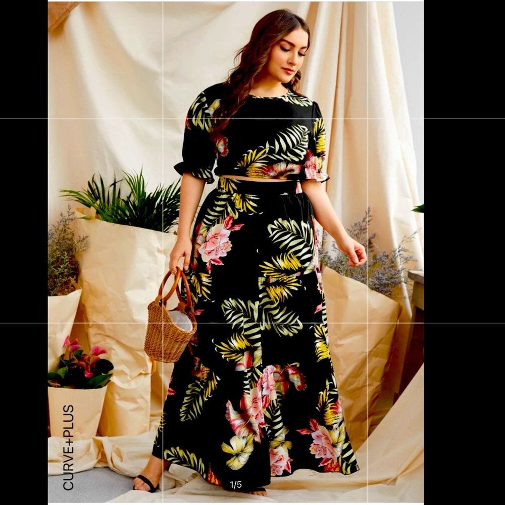 SHEIN Plus Leaf & Floral Print Top & Skirt 3X 3XL 18 20